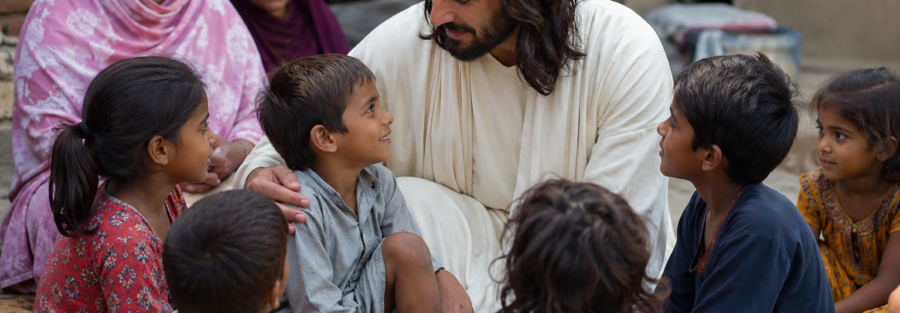 Compassionate Christian ministry in Pakistan showing a caring moment where a faith-based worker supports children in a warm and emotional community setting representing hope, service, and love.