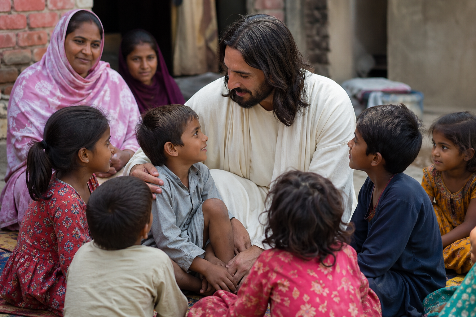 Compassionate Christian ministry in Pakistan showing a caring moment where a faith-based worker supports children in a warm and emotional community setting representing hope, service, and love.