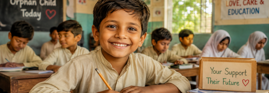 Smiling orphan child studying in classroom for orphan support and education program in Pakistan