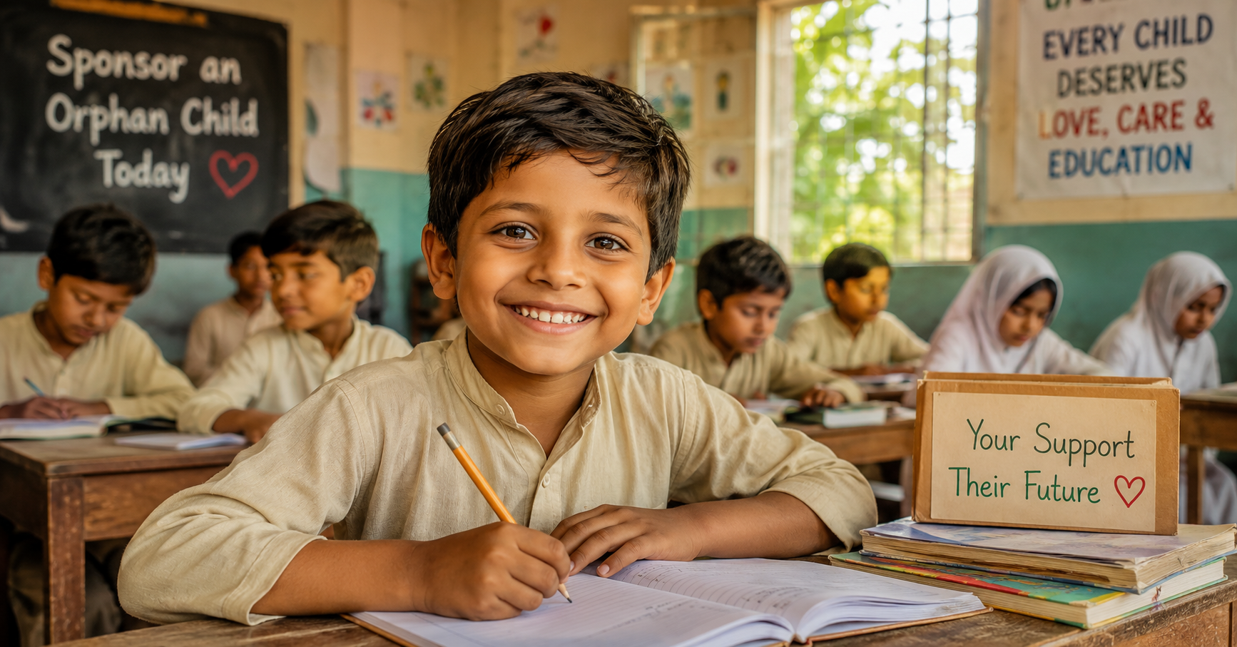 Smiling orphan child studying in classroom for orphan support and education program in Pakistan