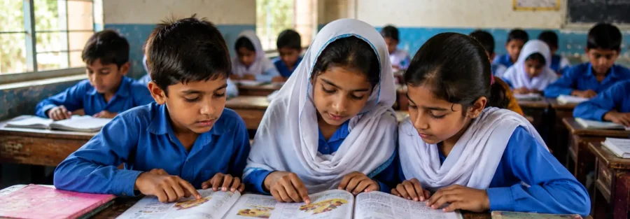 Children studying together in a classroom, representing quality child education and early learning opportunities in Pakistan.