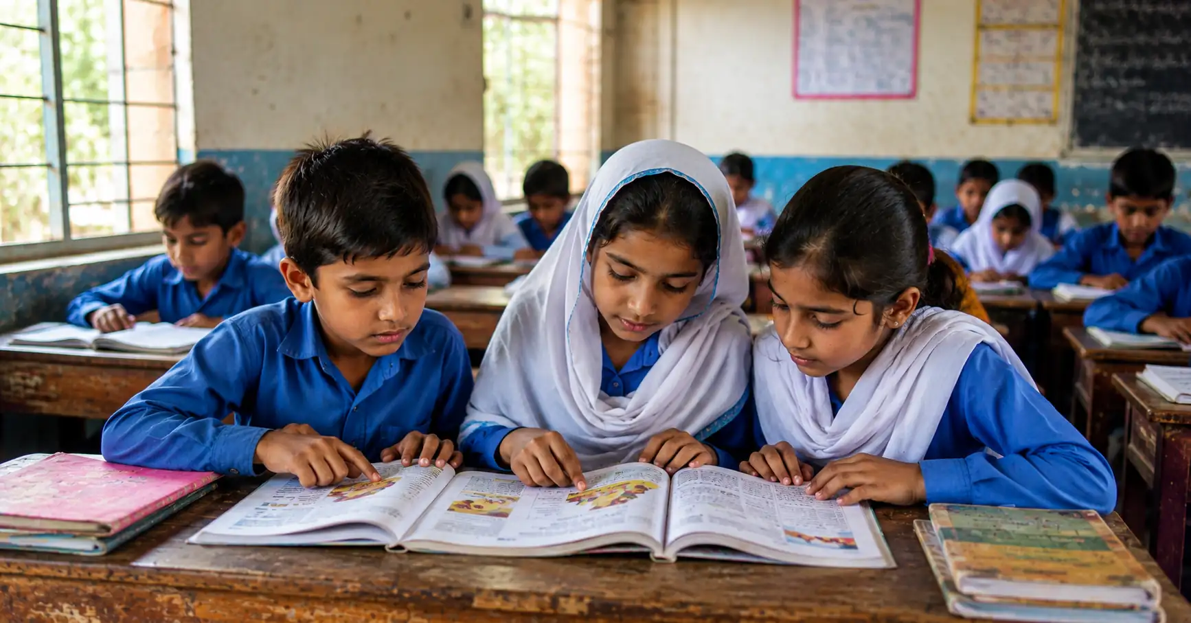 Children studying together in a classroom, representing quality child education and early learning opportunities in Pakistan.