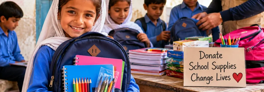 Children in Pakistan receiving school supplies to support education and learning opportunities