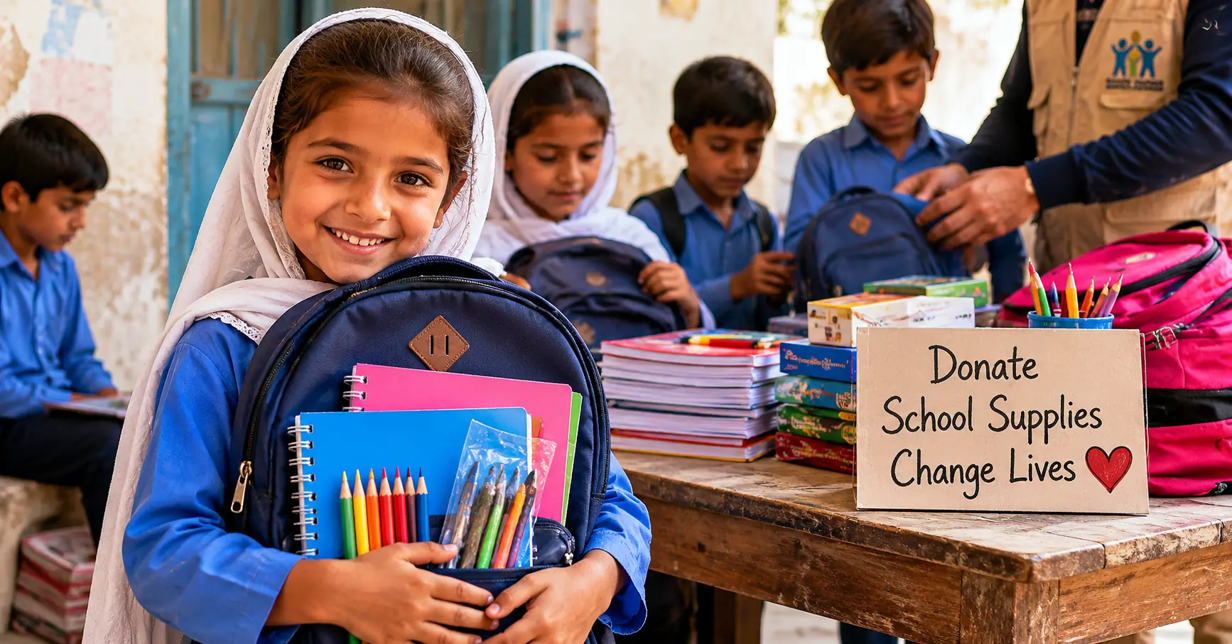 Children in Pakistan receiving school supplies to support education and learning opportunities