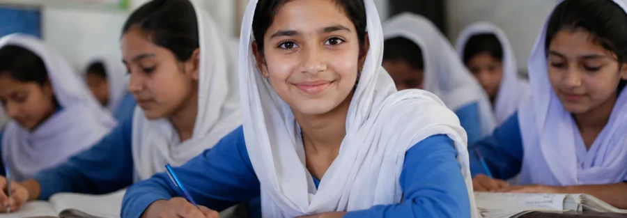 Pakistani schoolgirls studying together in a classroom, representing quality education, girls' empowerment, and equal learning opportunities in Pakistan.