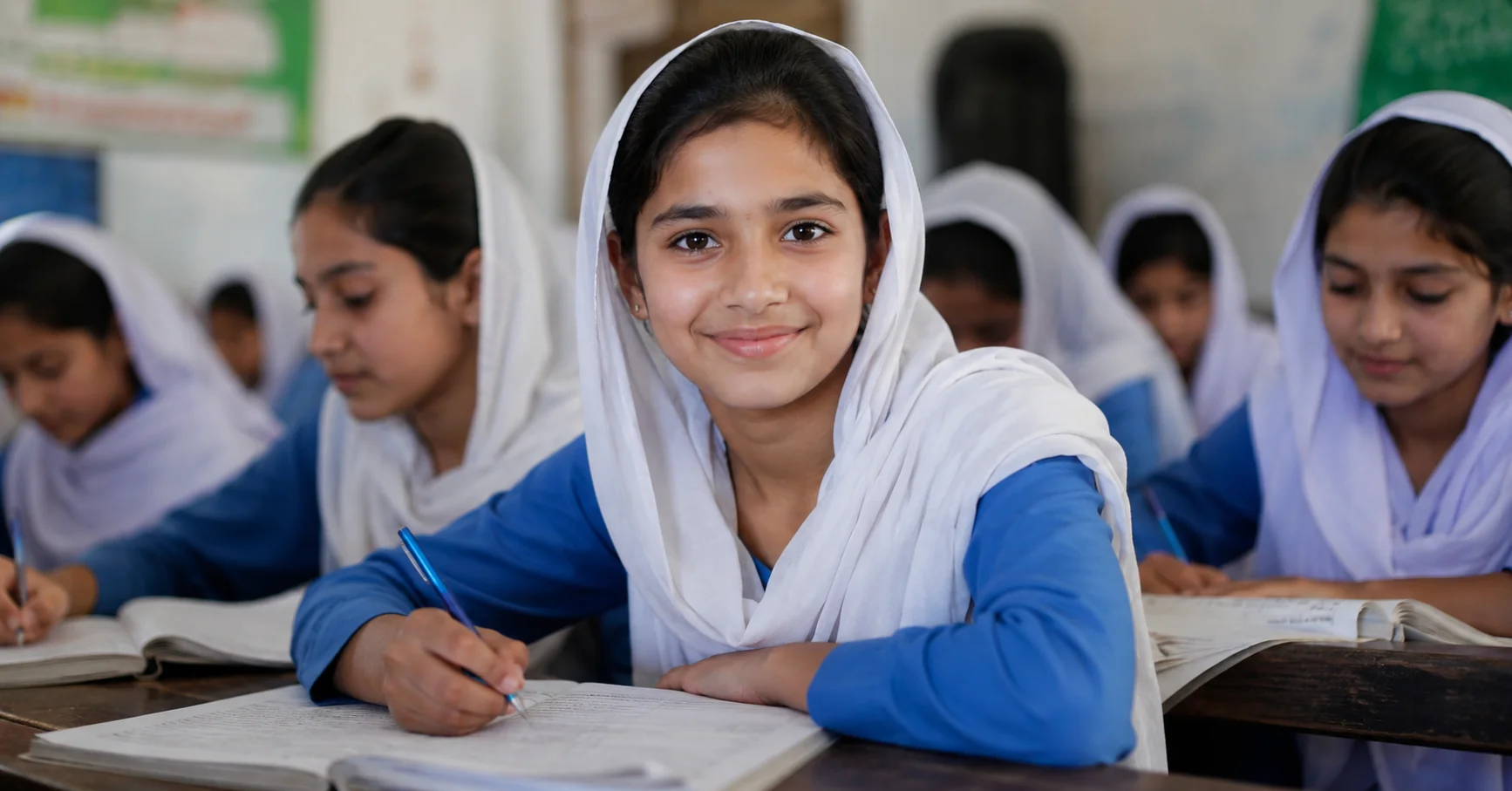 Pakistani schoolgirls studying together in a classroom, representing quality education, girls' empowerment, and equal learning opportunities in Pakistan.
