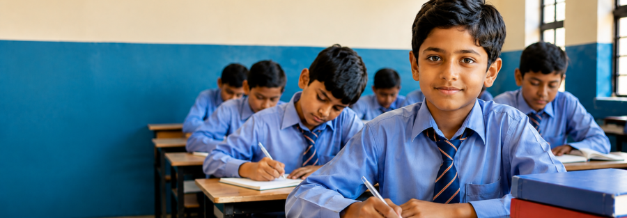 Pakistani orphan children studying together in a bright classroom, representing quality education, educational opportunities, and hope for a better future.