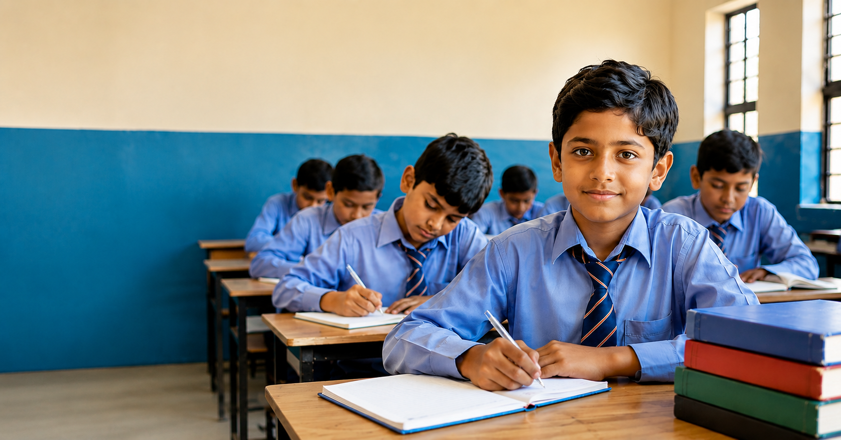 Pakistani orphan children studying together in a bright classroom, representing quality education, educational opportunities, and hope for a better future.