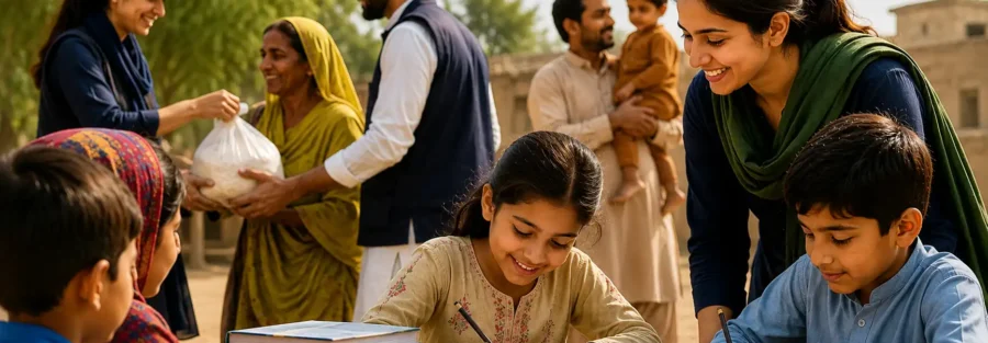 Children and families benefiting from community welfare and educational support programs in Pakistan
