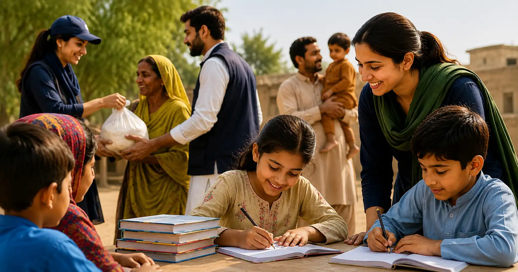 Children and families benefiting from community welfare and educational support programs in Pakistan