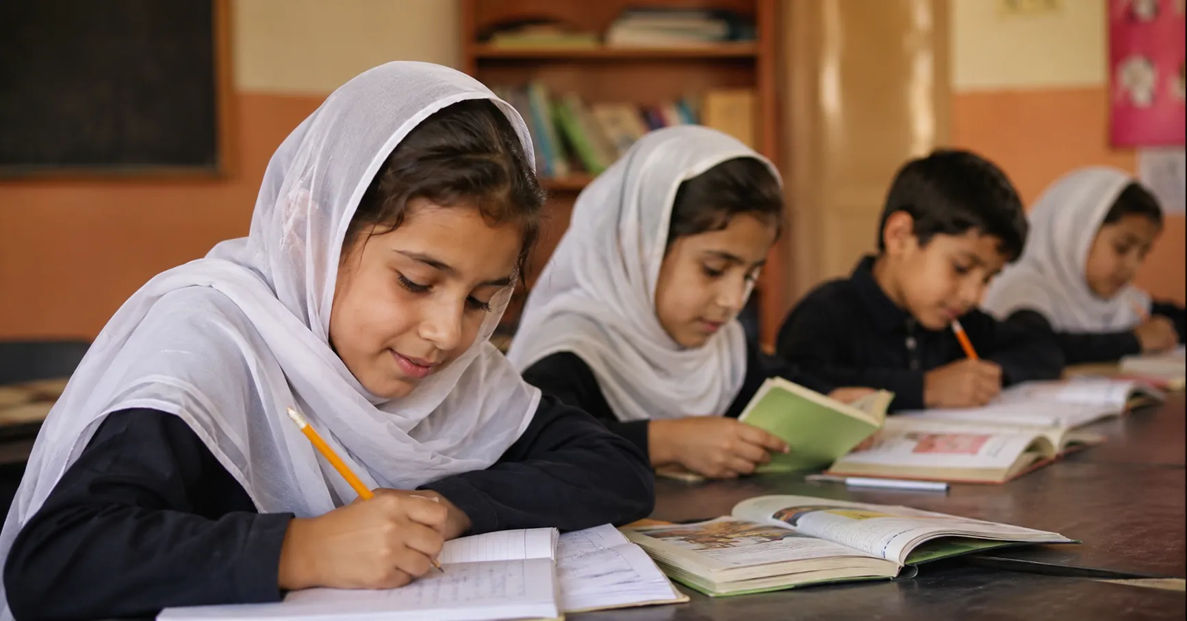 Pakistani orphan children learning together in a welcoming classroom, representing quality education, confidence, hope, and brighter futures through learning.