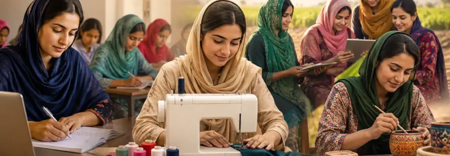 Women learning vocational and professional skills to achieve financial independence and empowerment