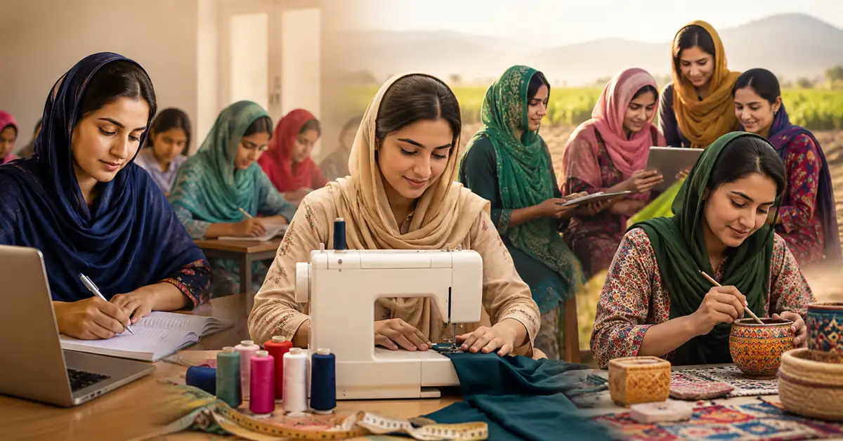 Women learning vocational and professional skills to achieve financial independence and empowerment