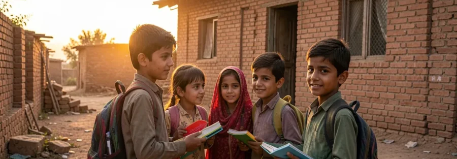 A vulnerable Pakistani family standing outside their modest rural home while two school-age children hold notebooks, representing hope through education despite child poverty.