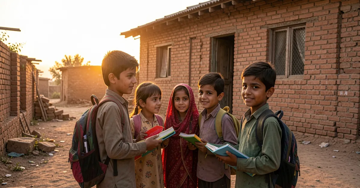 A vulnerable Pakistani family standing outside their modest rural home while two school-age children hold notebooks, representing hope through education despite child poverty.