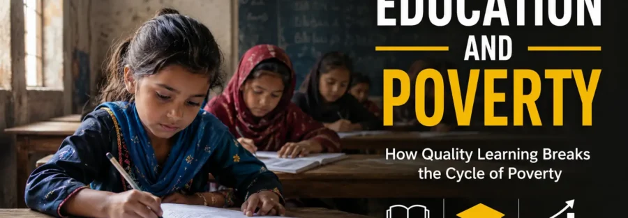 Education and Poverty – Pakistani children studying in a classroom, showing how quality education helps reduce poverty, build confidence, and create brighter future opportunities.