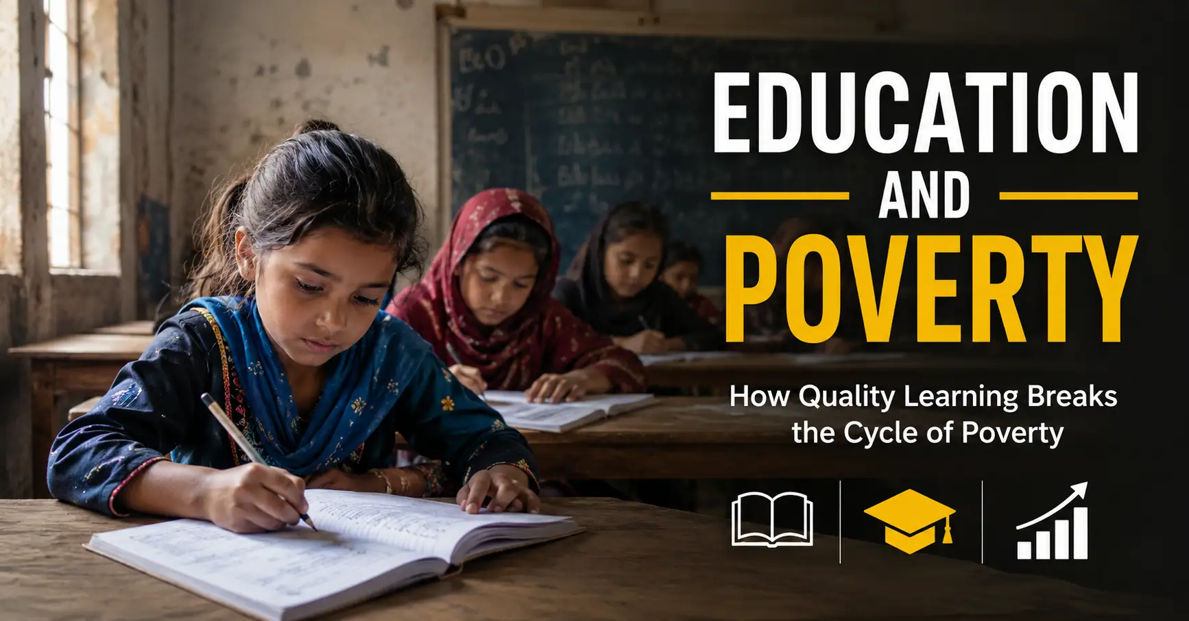 Education and Poverty – Pakistani children studying in a classroom, showing how quality education helps reduce poverty, build confidence, and create brighter future opportunities.
