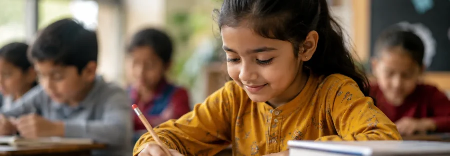 How education changes a child's life through quality education as a young Pakistani child studies confidently in a bright classroom.