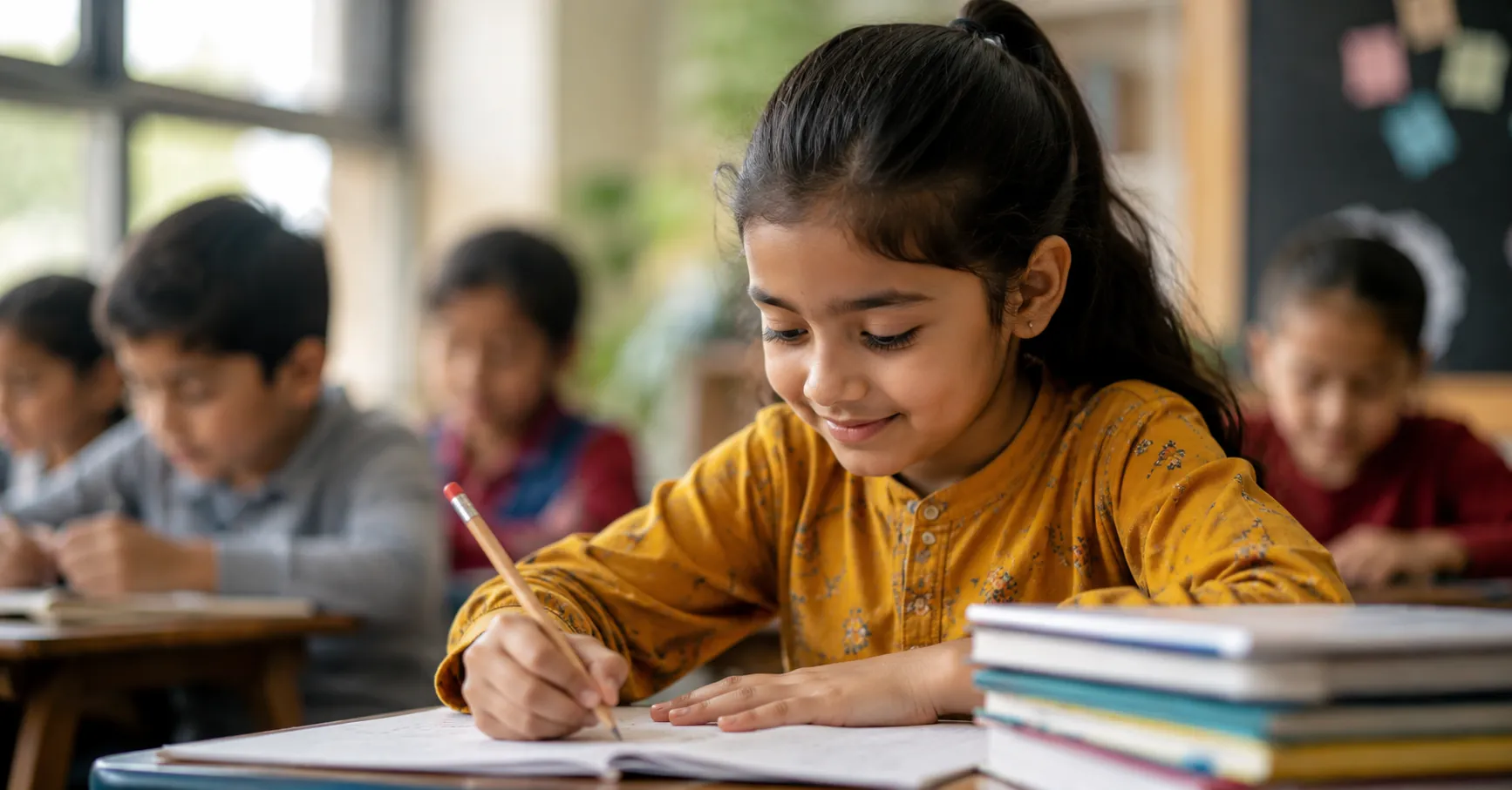 How education changes a child's life through quality education as a young Pakistani child studies confidently in a bright classroom.