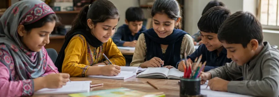 Children studying together inside a safe orphan home in Pakistan where education, emotional support, and family-style care help build brighter futures.