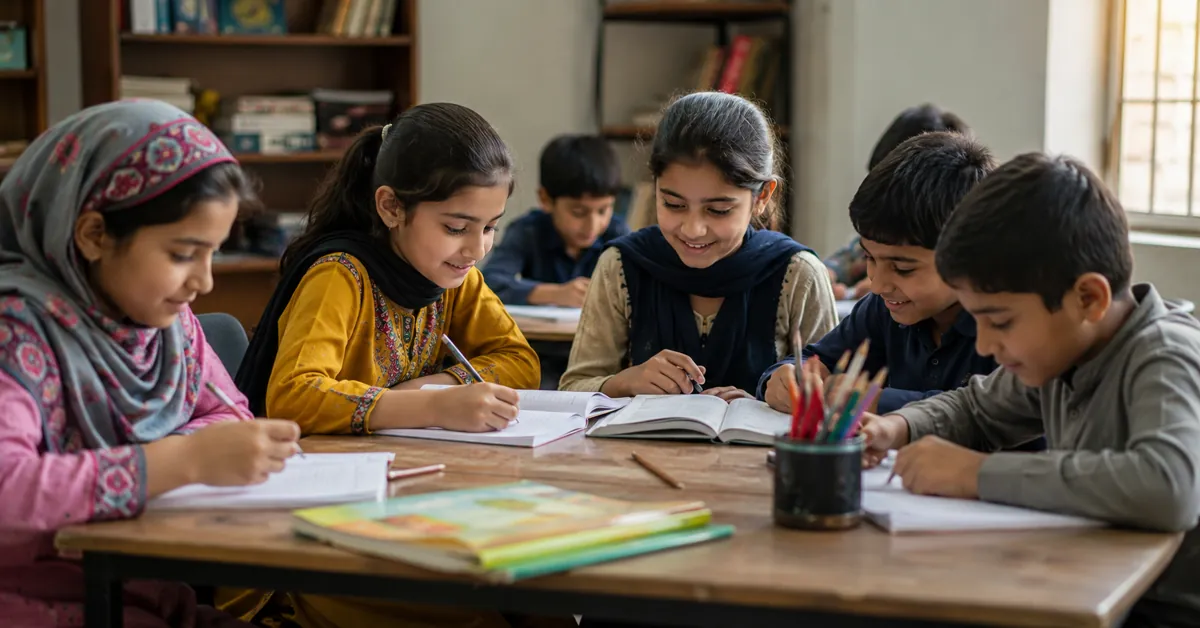 Children studying together inside a safe orphan home in Pakistan where education, emotional support, and family-style care help build brighter futures.